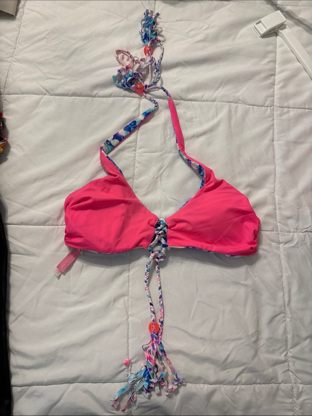 *Reversible*  Colorful / Hot Pink Floral Tie-Front Halter Bikini Top - Picture 4 of 4